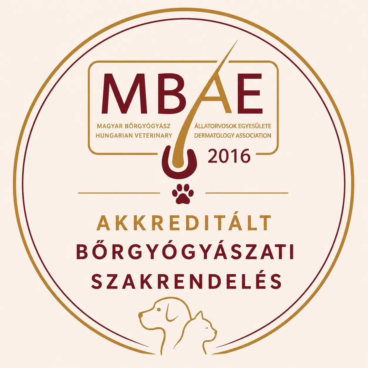 MBÁE 2016 logó, akkréditált bőrgyógyászati szakrendelés felirattal, állatbarát ikonokkal.